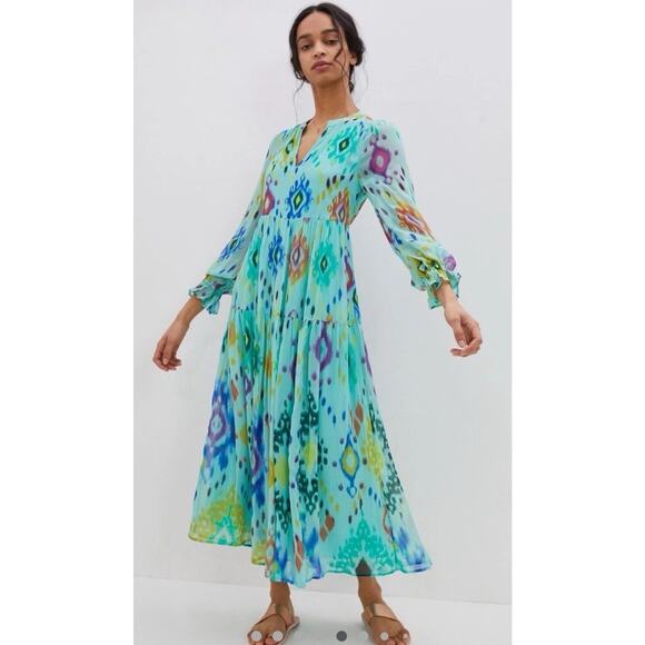Anthropologie Dresses & Skirts - ANTHROPOLOGIE Serenade Turquoise Ikat Pullover Boho Maxi Dress Sz M *FLAW*